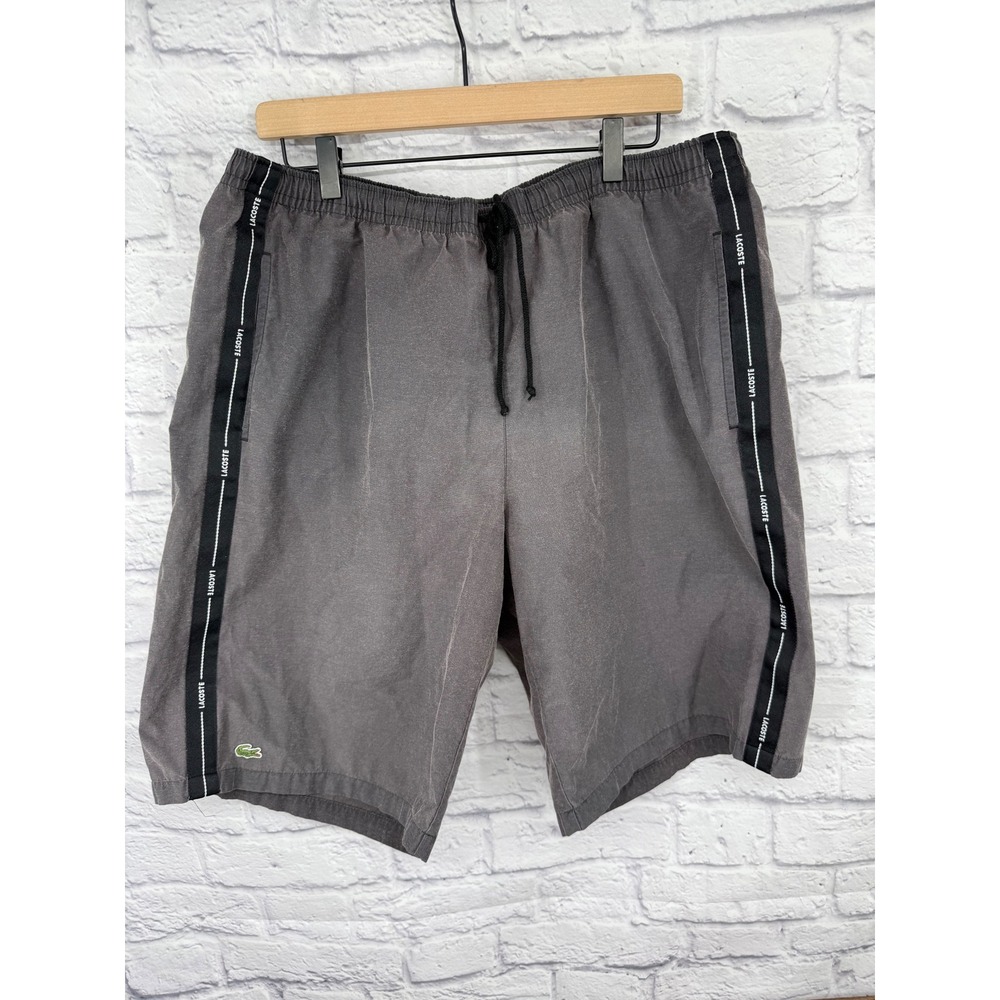 Lacoste Mens Charcoal Gray Logo Tape Swim Trunks Board Shorts Size 7/2XL
